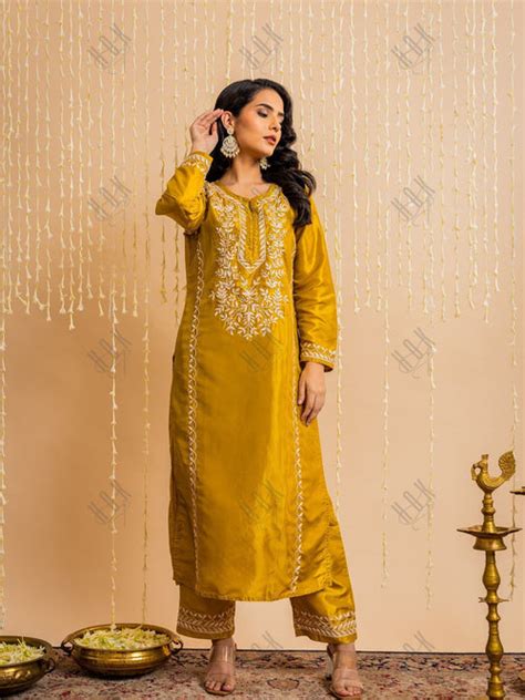 Fizaa's Silk Chikankari Kurta Set for Women - Mustard Yellow