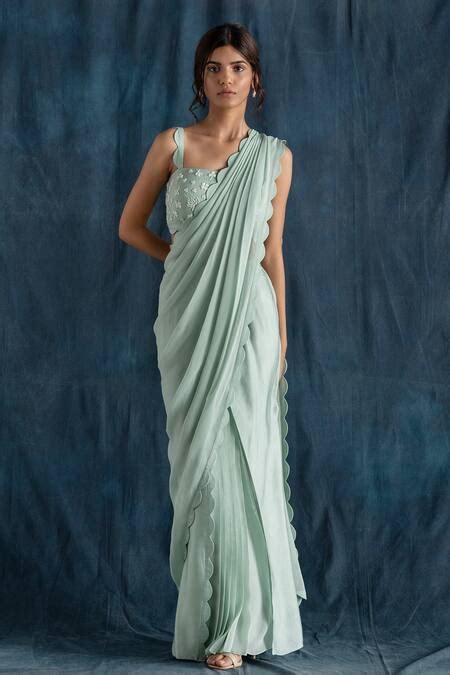 Buy Green Georgette, Satin Square Neck Pre-draped Saree With ...