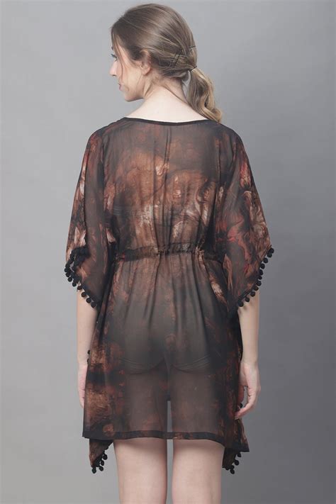 Brown Color Abstract Printed Georgette Coverup Beachwear Kaftan For Wo