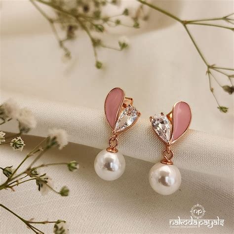 Pink Heart Pearl Drop Earrings (St2889) – Nakoda Payals