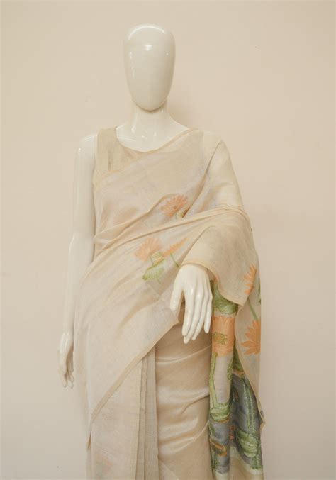 Beige Cotton Linen Saree With Woven Orange Flower Design|Desically Ethnic