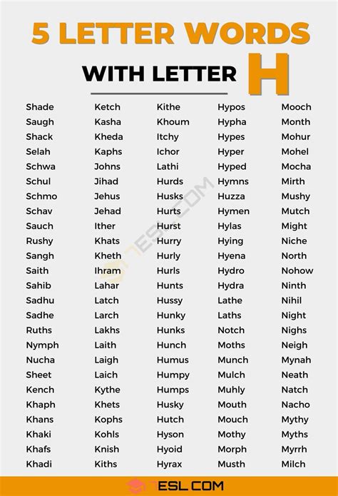 5 Letter Words with H (1100+ Words in English) • 7ESL