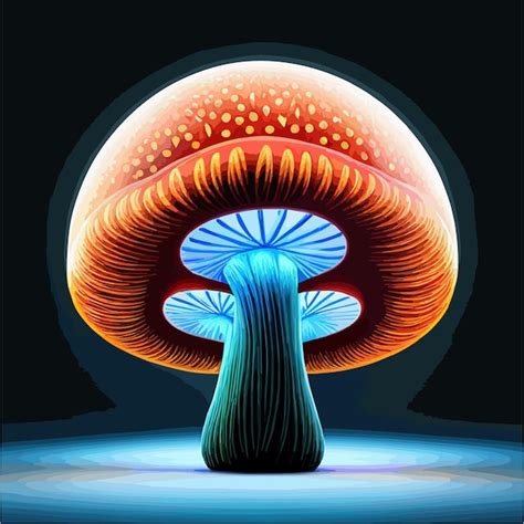 Luminous mushroom with small neon mushrooms design on dark background ...