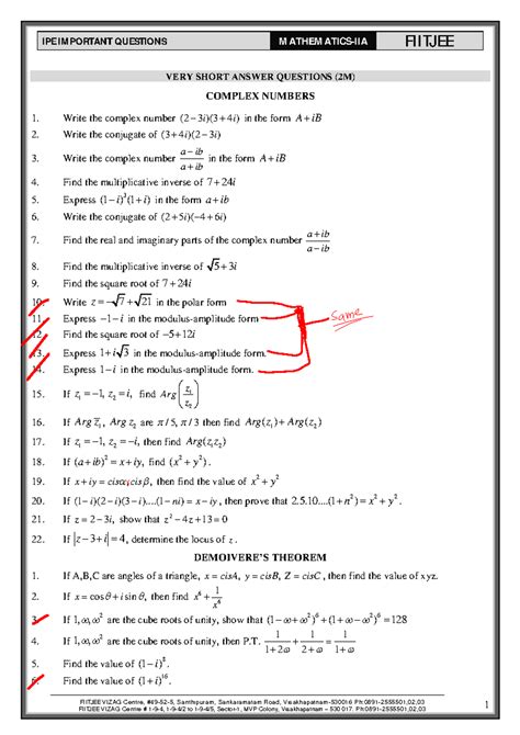 Maths-IIA IPE Important Questions - FIITJEE VIZAG Centre, #49- 52 - 5 ...