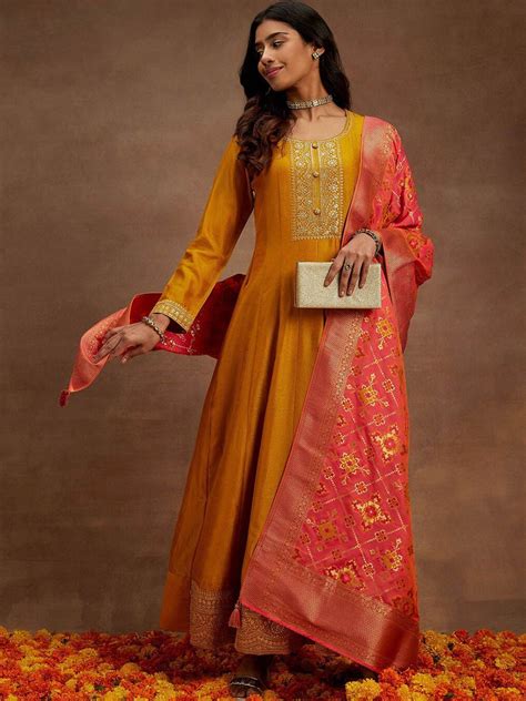 Libas Mustard Yellow Floral Yoke Design Anarkali Kurta with Trousers ...