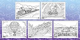 Trains Mindfulness Colouring Pages - KS1 - Twinkl