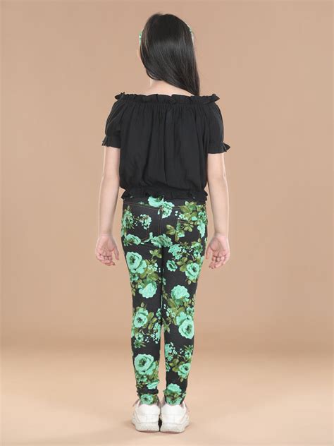 Girls Cotton Floral Printed Jegging and Black Top Set – Stylestone