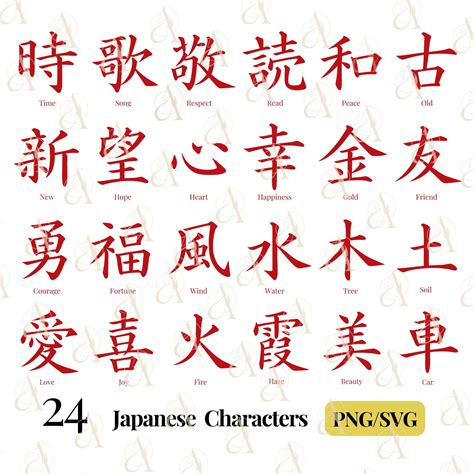 Japanese Word SVG Bundle, Respect Kanji Symbols PNG, Courage Kanji Characters, Happiness, Joy ...