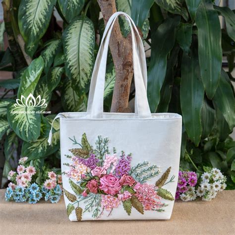 Embroidered Tote Bag, Tote Bag With Zipper, Unique Ribbon Embroidery ...