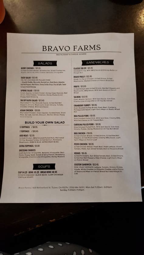Menu at Bravo Farms Restaurant, Tulare