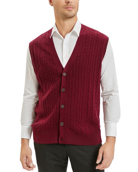 Kallspin Men's Wool Blend Cable-Knit V Neck Sleeveless Cardigan Vest ...