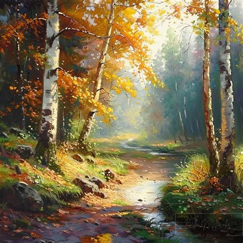 Birch Forest Path Landscape Painting Wall Art Decor Room Design Screen Wallpaper Print Landscape ...