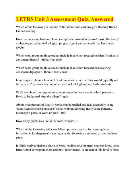 LETRS Unit 3 Assessment Quiz, Answered – Scholarfriends - Scholarfriends