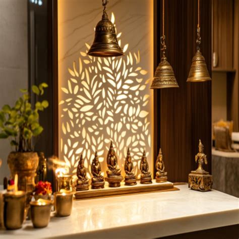 Contemporary Mandir Design With White And Brown Interiors
