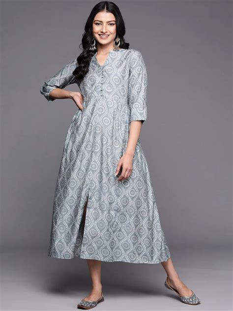 Buy Grey Printed Silk Fit and Flare Dress Online at Rs.549 | Libas