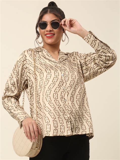 Beige Abstract Printed Cutaway Collar Casual Buttoned Top – CINK