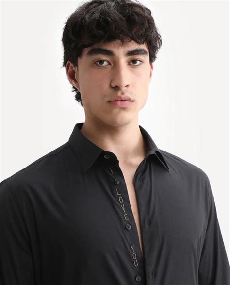 Rare Rabbit Men's I Love You Black Cotton Embroidered Regular Fit Full