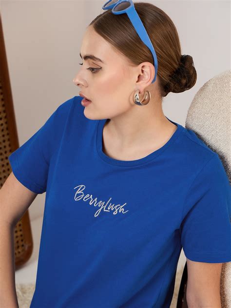 Women Solid Blue Round Neck Front Brand Logo Short Sleeves Knitted ...