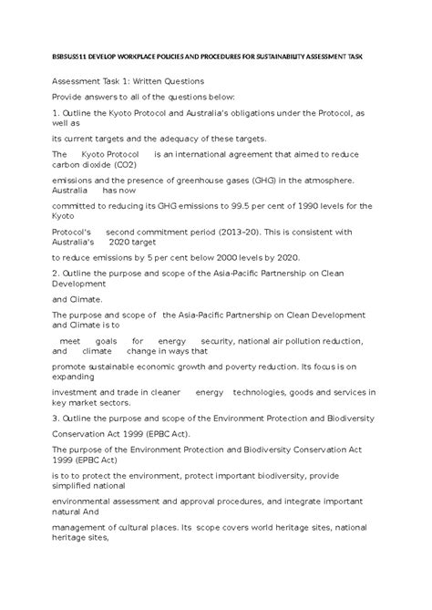 Bsbsus 511 Develop Workplace Policies AND Procedures FOR Sustainability ...