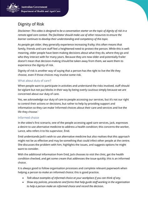 Dignity of risk – Introduction to aged care – Facilitator guide ...