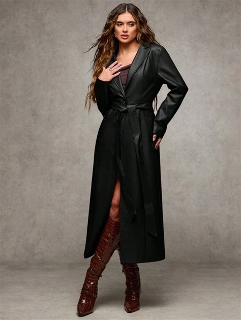 SHEIN BAE Women's Solid Color Lapel Collar Long Sleeve Long PU Leather ...