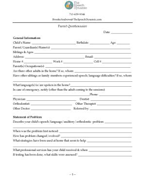 Fillable Online 1 . Parent Questionnaire Child's Name: Date of birth ...