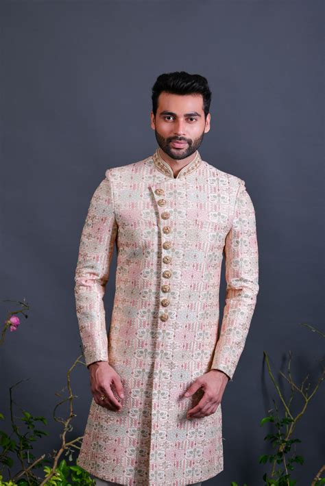 Pink Sherwani in Lucknowi With Chudidar