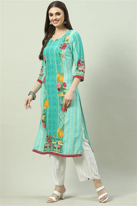 Green LIVA Straight Printed Kurta at Biba India