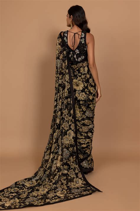 Black Floral Printed & Embroidered Saree Set - Varun Bahl