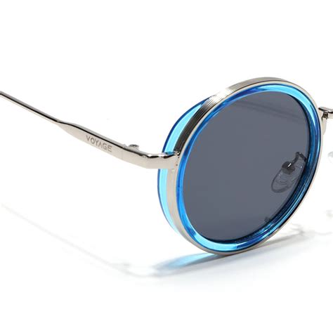 Round Sunglasses for Men & Women (Black Lens | Golden & Blue Frame - M