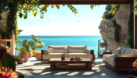 A large outdoor living room decorated with a blue ocean | Premium AI ...