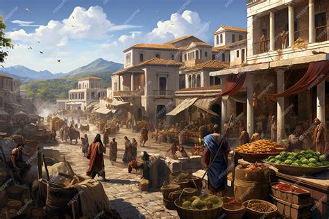 Ancient Greek marketplace bustling with activity Vendors and citizens ...