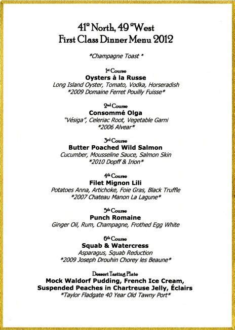 Image result for First Class Dinner Menu
