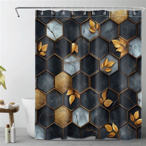 Black Honeycomb Shower Curtain for Bathroom Grey Gold Geometric Marble ...