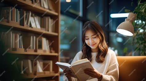 Premium AI Image | Young woman readig book at home in front of book shelf
