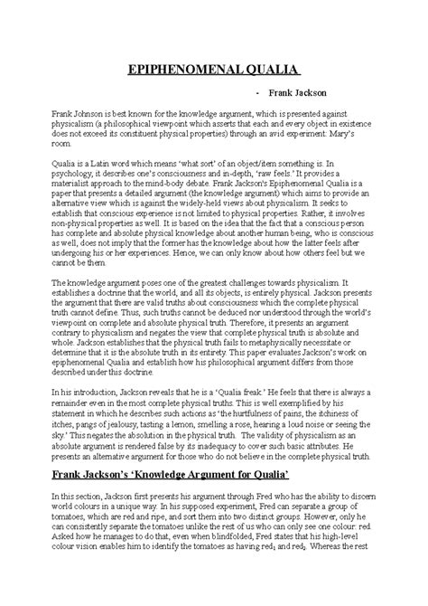 Philosophical Analysis of Frank Jackson's Epiphenomenal Qualia Argument ...