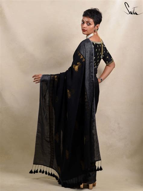 Black and Grey Cotton Acrylic Saree|Srigandha|Suta