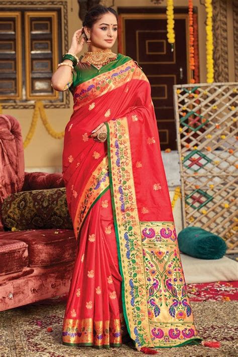 Buy Candy Apple Red Paithani Saree online-Karagiri