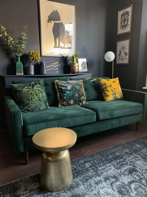 Dark and Moody lounge with a green velvet Sofa. | Moody living room ...
