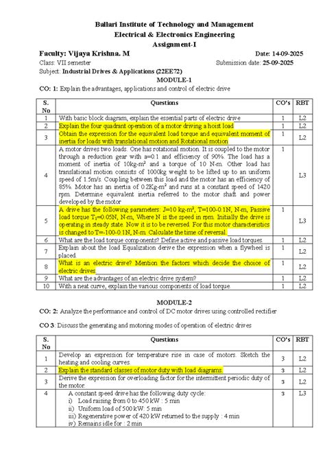 Industrial Drives Applications (22EE72) - Assignment I 2025-2026 - Studocu