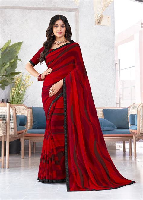 Laxmipati Mala Abstract Wave Printed Georgette Saree in Red Color with