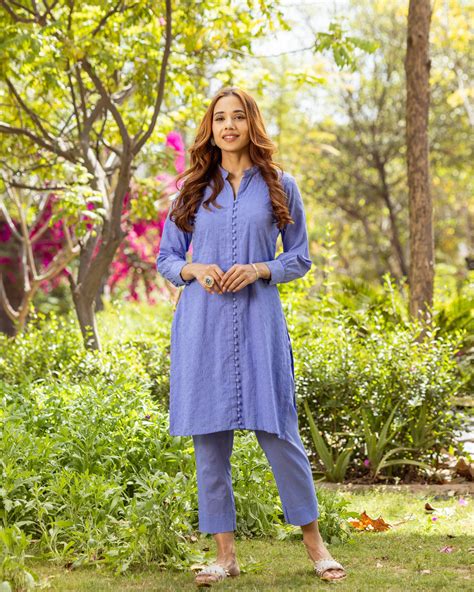 Buy Solid Blue Schiffli Kurta Set Online in india – Ambraee
