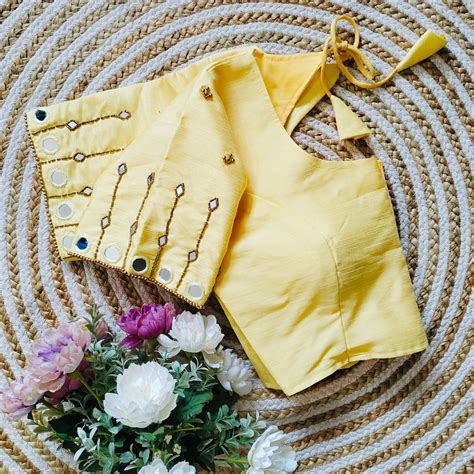 Yellow Russian Silk Blouse with Mirror and Pearl Embellishme
