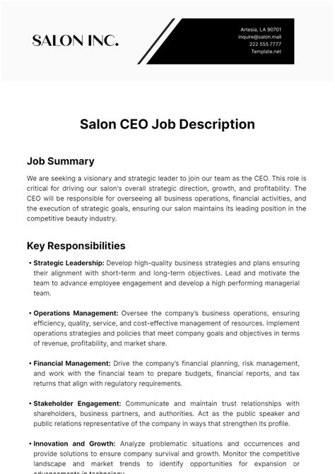 Free Salon CEO Job Description Template - Edit Online & Download | Template.net
