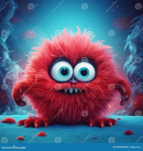 A Red Funny Fuzzy Furry Cartoon Monster Character with Big Eyes and Big ...