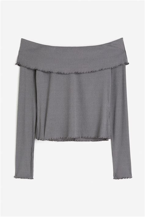 Ribbed off-the-shoulder top - Dark grey - Ladies | H&M IN