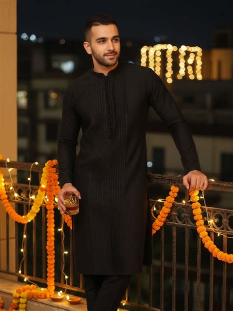 Kisah Men’s Black Cotton Silk Kurta Trouser Set – Pintuck Detail ...