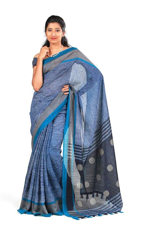 Buy JOLLY SILKS Women's Art Linen Saree (Denim Blue Colour) at Amazon.in