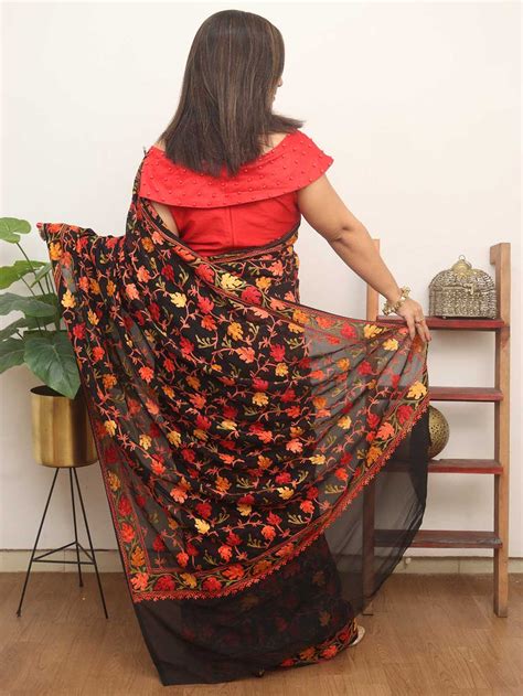 Black Embroidered Kashmiri Aari Work Georgette Saree - Luxurionworld