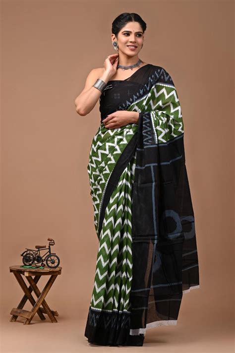 Pure Mulmul Cotton hand block Print Saree with Blouse – thecotlin